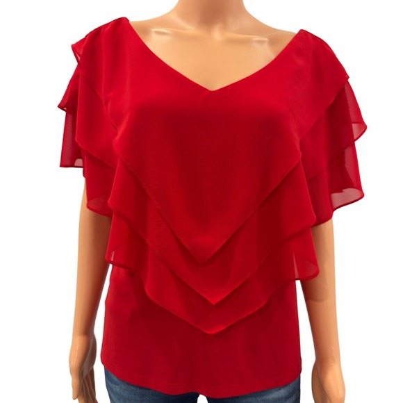 Via Ritina Tops - Via Ritina Red Tiered Ruffle Blouse V-Neck Short Flutter Sleeve Top Large